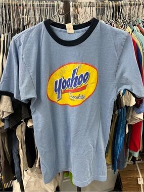 Vintage Yoohoo Shirt Mens Sz M Blue Ringer Drink Promo Short Sleeve Tee 80s 90s